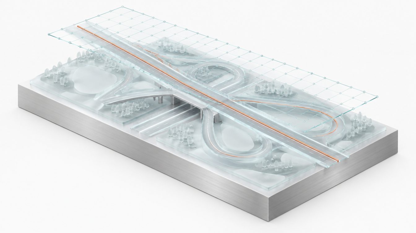 Glasmodell eines Autobahnabschnitts mit Brücke und Kreuz auf Silbergrund, darüber ein Glasdatengitter, eine Kupferlinie entlang der Straße